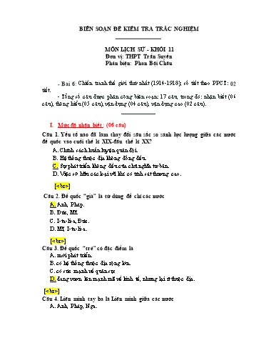 Đề kiểm tra trắc nghiệm môn Lịch sử Khối 11 - Bài 6: Chiến tranh thế giới thứ nhất (1914-1918) - Trường THPT Trần Suyền (Có đáp án)