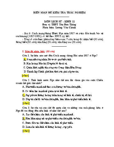Đề kiểm tra trắc nghiệm môn Lịch sử Khối 11 - Bài 9: Cách mạng tháng Mười Nga năm 1917 và cuộc đấu tranh bảo vệ cách mạng (1917-1921) - Trường THPT Tôn Đức Thắng (Có đáp án)