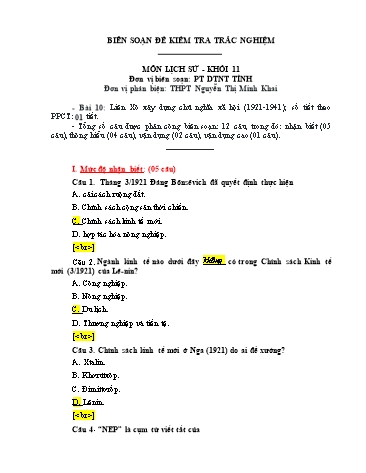 Đề kiểm tra trắc nghiệm môn Lịch sử Khối 11 - Trường PT DTNT tỉnh Phú Yên (Có đáp án)