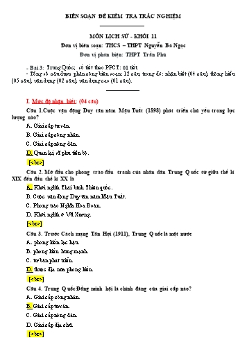 Đề kiểm tra trắc nghiệm môn Lịch sử Khối 11 - Trường THCS&THPT Nguyễn Bá Ngọc (Có đáp án)