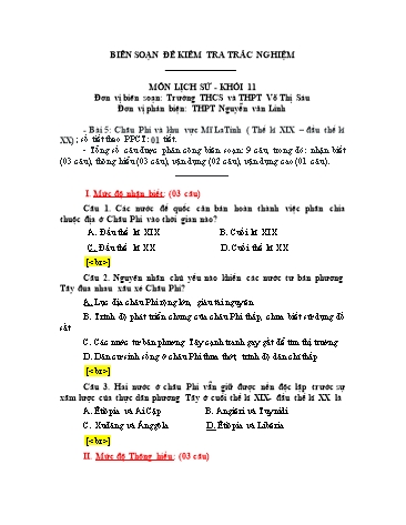 Đề kiểm tra trắc nghiệm môn Lịch sử Khối 11 - Trường THCS&THPT Võ Thị Sáu (Có đáp án)