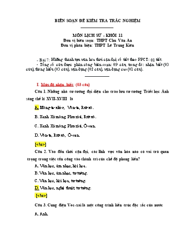 Đề kiểm tra trắc nghiệm môn Lịch sử Khối 11 - Trường THPT Chu Văn An (Có đáp án)