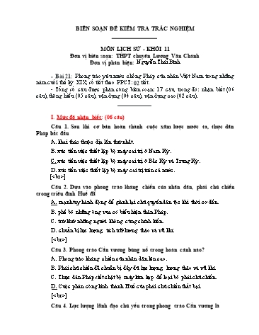 Đề kiểm tra trắc nghiệm môn Lịch sử Khối 11 - Trường THPT chuyên Lương Văn Chánh (Có đáp án)