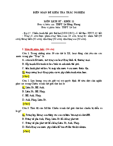 Đề kiểm tra trắc nghiệm môn Lịch sử Khối 11 - Trường THPT Lê Hồng Phong (Có đáp án)
