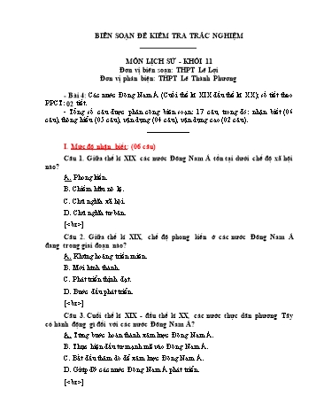 Đề kiểm tra trắc nghiệm môn Lịch sử Khối 11 - Trường THPT Lê Lợi (Có đáp án)