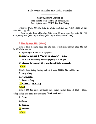 Đề kiểm tra trắc nghiệm môn Lịch sử Khối 11 - Trường THPT Lê Trung Kiên (Có đáp án)