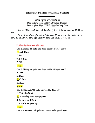 Đề kiểm tra trắc nghiệm môn Lịch sử Khối 11 - Trường THPT Lê Thành Phương (Có đáp án)