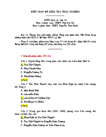 Đề kiểm tra trắc nghiệm môn Lịch sử Khối 11 - Trường THPT Ngô Gia Tự (Có đáp án)