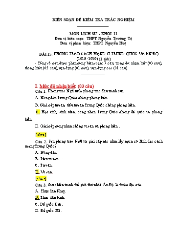 Đề kiểm tra trắc nghiệm môn Lịch sử Khối 11 - Trường THPT Nguyễn Trường Tộ (Có đáp án)