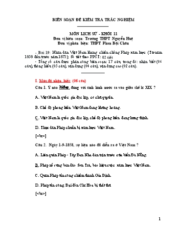 Đề kiểm tra trắc nghiệm môn Lịch sử Khối 11 - Trường THPT Nguyễn Huệ (Có đáp án)