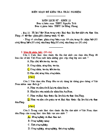 Đề kiểm tra trắc nghiệm môn Lịch sử Khối 11 - Trường THPT Nguyễn Trãi (Có đáp án)