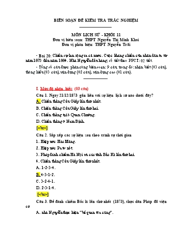 Đề kiểm tra trắc nghiệm môn Lịch sử Khối 11 - Trường THPT Nguyễn Thị Minh Khai (Có đáp án)