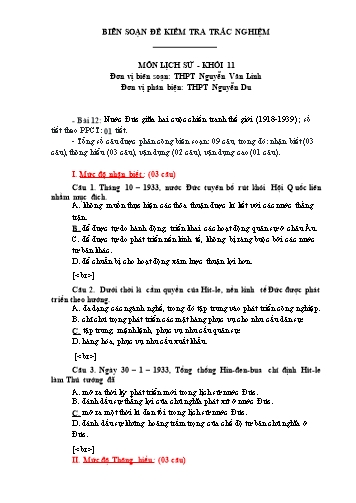 Đề kiểm tra trắc nghiệm môn Lịch sử Khối 11 - Trường THPT Nguyễn Văn Linh (Có đáp án)