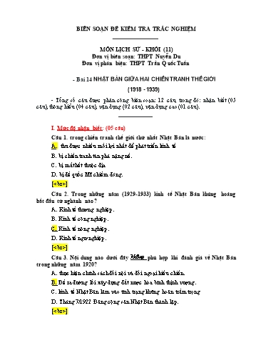 Đề kiểm tra trắc nghiệm môn Lịch sử Khối 11 - Trường THPT Nuyễn Du (Có đáp án)