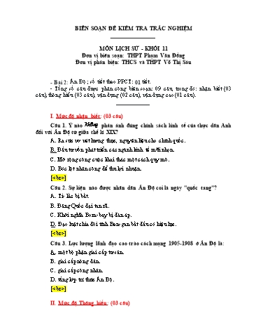 Đề kiểm tra trắc nghiệm môn Lịch sử Khối 11 - Trường THPT Phạm Văn Đồng (Có đáp án)
