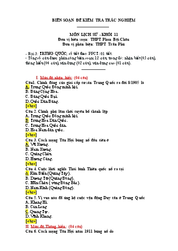 Đề kiểm tra trắc nghiệm môn Lịch sử Khối 11 - Trường THPT Phan Bội Châu (Có đáp án)