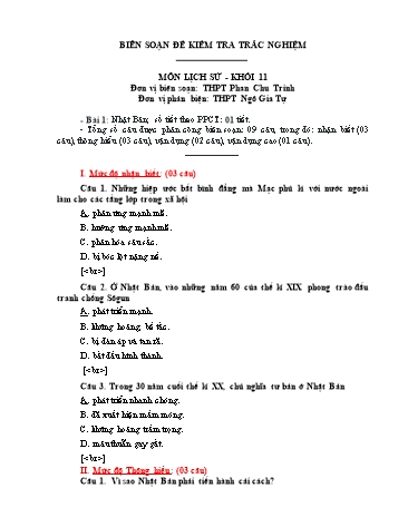 Đề kiểm tra trắc nghiệm môn Lịch sử Khối 11 - Trường THPT Phan Chu Trinh (Có đáp án)