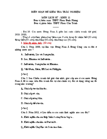 Đề kiểm tra trắc nghiệm môn Lịch sử Khối 11 - Trường THPT Phan Đình Phùng (Có đáp án)