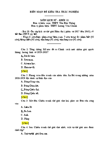 Đề kiểm tra trắc nghiệm môn Lịch sử Khối 11 - Trường THPT Tôn Đức Thắng (Có đáp án)