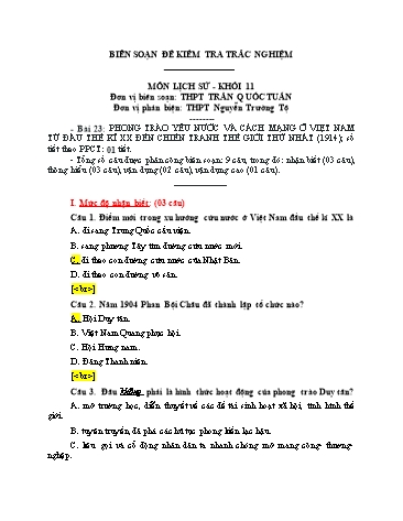 Đề kiểm tra trắc nghiệm môn Lịch sử Khối 11 - Trường THPT Trần Quốc Tuấn (Có đáp án)