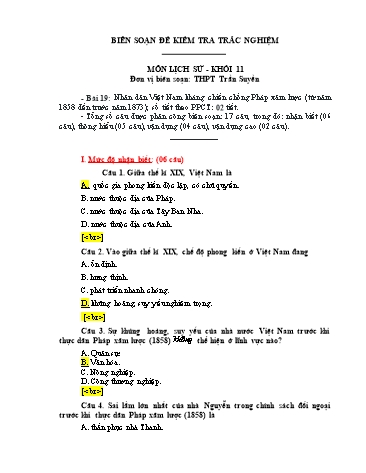 Đề kiểm tra trắc nghiệm môn Lịch sử Khối 11 - Trường THPT Trần Suyền (Có đáp án)