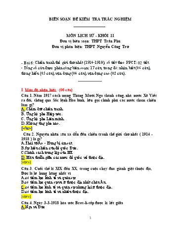 Đề kiểm tra trắc nghiệm môn Lịch sử Khối 11 - Trường THPT Trần Phú (Có đáp án)