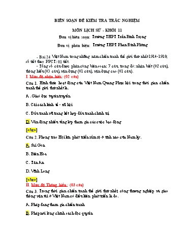 Đề kiểm tra trắc nghiệm môn Lịch sử Khối 11 - Trường THPT Trần Bình Trọng (Có đáp án)
