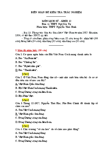 Đề kiểm tra trắc nghiệm môn Lịch sử Khối 12 - Bài 13: Phong trào dân tộc dân chủ ở Việt Nam từ năm 1925 đến năm 1930 - Trường THPT Ngô Gia Tự (Có đáp án)