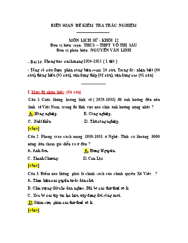 Đề kiểm tra trắc nghiệm môn Lịch sử Khối 12 - Bài 14: Phong trào cách mạng 1930-1935 - Trường THCS-THPT Võ Thị Sáu (Có đáp án)