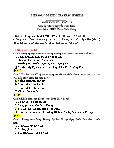 Đề kiểm tra trắc nghiệm môn Lịch sử Khối 12 - Bài 15: Phong trào dân chủ 1936-1939 - Trường THPT Nguyễn Thái Bình (Có đáp án)