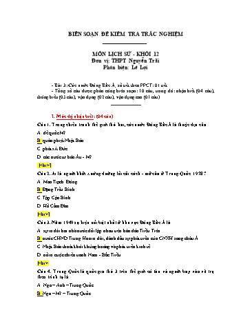 Đề kiểm tra trắc nghiệm môn Lịch sử Khối 12 - Bài 3: Các nước Đông Bắc Á - Trường THPT Nguyễn Trãi (Có đáp án)