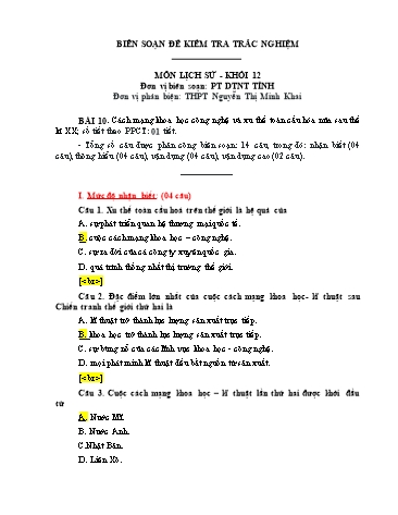 Đề kiểm tra trắc nghiệm môn Lịch sử Khối 12 - Trường PT DTNT tỉnh Phú Yên (Có đáp án)