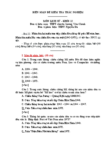 Đề kiểm tra trắc nghiệm môn Lịch sử Khối 12 - Trường THPT chuyên Lương Văn Chánh (Có đáp án)