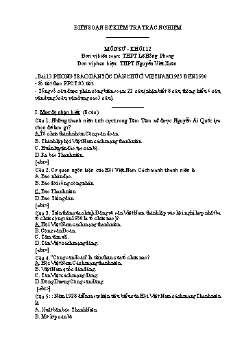Đề kiểm tra trắc nghiệm môn Lịch sử Khối 12 - Trường THPT Lê Hồng Phong (Có đáp án)