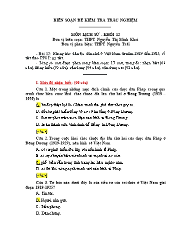 Đề kiểm tra trắc nghiệm môn Lịch sử Khối 12 - Trường THPT Nguyễn Thị Minh Khai (Có đáp án)
