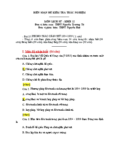 Đề kiểm tra trắc nghiệm môn Lịch sử Khối 12 - Trường THPT Nguyễn Trường Tộ (Có đáp án)