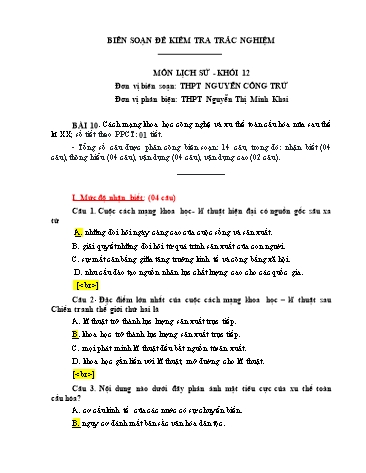 Đề kiểm tra trắc nghiệm môn Lịch sử Khối 12 - Trường THPT Nguyễn Công Trứ (Có đáp án)