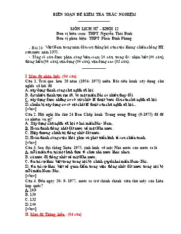 Đề kiểm tra trắc nghiệm môn Lịch sử Khối 12 - Trường THPT Nguyễn Thái Bình (Có đáp án)