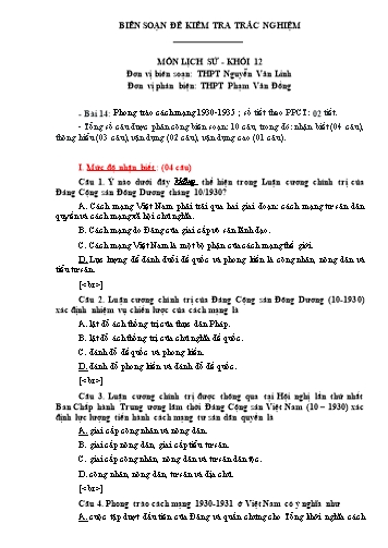 Đề kiểm tra trắc nghiệm môn Lịch sử Khối 12 - Trường THPT Nguyễn Văn Linh (Có đáp án)