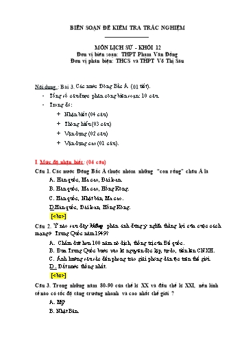 Đề kiểm tra trắc nghiệm môn Lịch sử Khối 12 - Trường THPT Phạm Văn Đồng (Có đáp án)