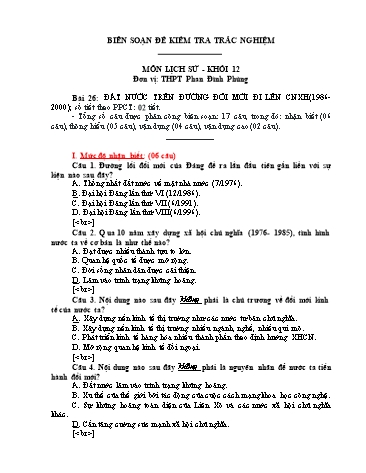 Đề kiểm tra trắc nghiệm môn Lịch sử Khối 12 - Trường THPT Phan Đình Phùng (Có đáp án)