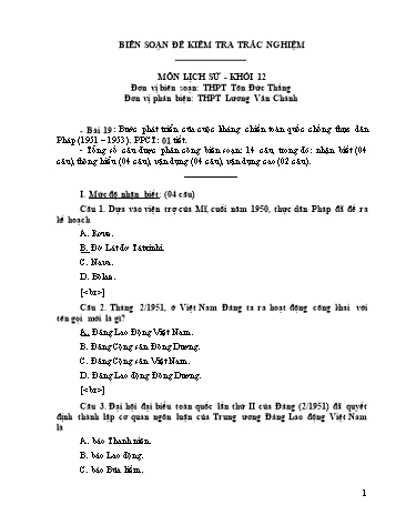 Đề kiểm tra trắc nghiệm môn Lịch sử Khối 12 - Trường THPT Tôn Đức Thắng (Có đáp án)