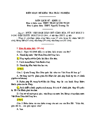 Đề kiểm tra trắc nghiệm môn Lịch sử Khối 12 - Trường THPT Trần Quốc Tuấn (Có đáp án)