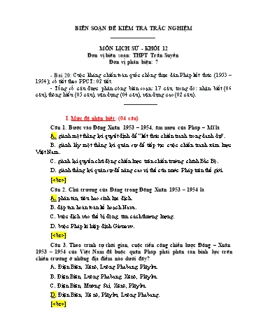 Đề kiểm tra trắc nghiệm môn Lịch sử Khối 12 - Trường THPT Trần Suyền (Có đáp án)