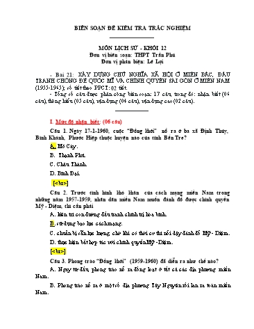Đề kiểm tra trắc nghiệm môn Lịch sử Khối 12 - Trường THPT Trần Phú (Có đáp án)