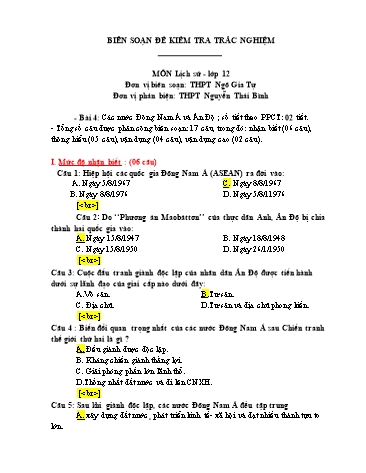 Đề kiểm tra trắc nghiệm môn Lịch sử Lớp 12 - Trường THPT Ngô Gia Tự (Có đáp án)