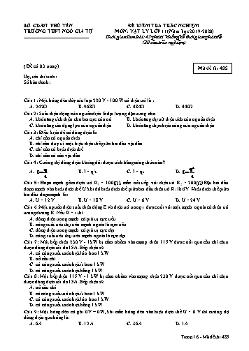 Đề kiểm tra trắc nghiệm môn Vật lý lớp 11 - Năm học 2019-2020 - Trường THPT Ngô Gia Tự (Có đáp án)