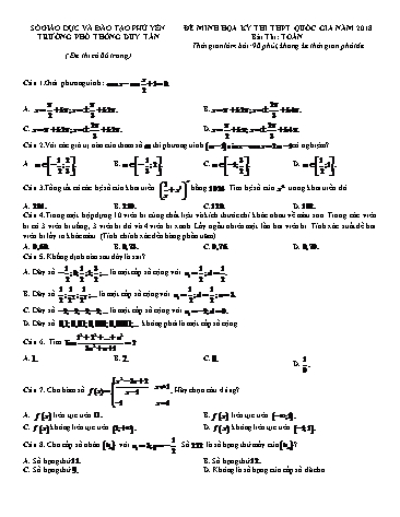 Đề minh họa kỳ thi THPT Quốc gia năm 2018 môn Toán - Trường THPT Duy Tân (Có đáp án)