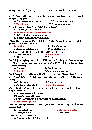 Đề minh họa thi THPT Quốc gia môn Giáo dục công dân - Năm học 2019-2020 - Trường THPT Lê Hồng Phong (Có đáp án)
