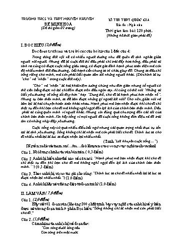 Đề minh họa thi THPT Quốc gia môn Ngữ văn - Trường THCS và THPT Nguyễn Khuyến (Có đáp án)